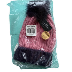 Marcus Adler Pink and Black Knit Beanie With Pom Pom Cozy Winter Chic Colorblock